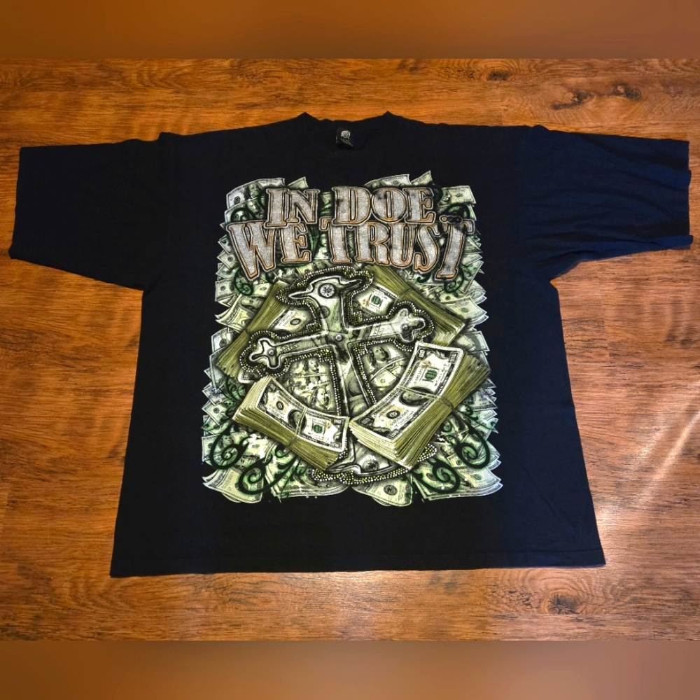FUYA - In Doe We Trust shirt 3XL beaded sparkle glitter hip hop RARE graphic tee